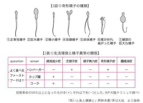 (図1)奇形精子の種類,(表1)生活環境と精子異常の関係